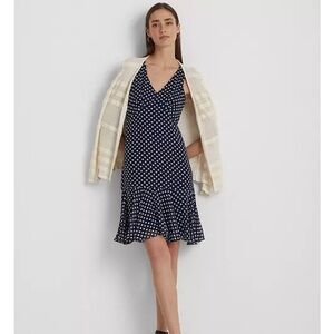 Ralph Lauren BlackLabel Navy White Polka Dot Chiffon Ruffle Hem Sleeveless Dress